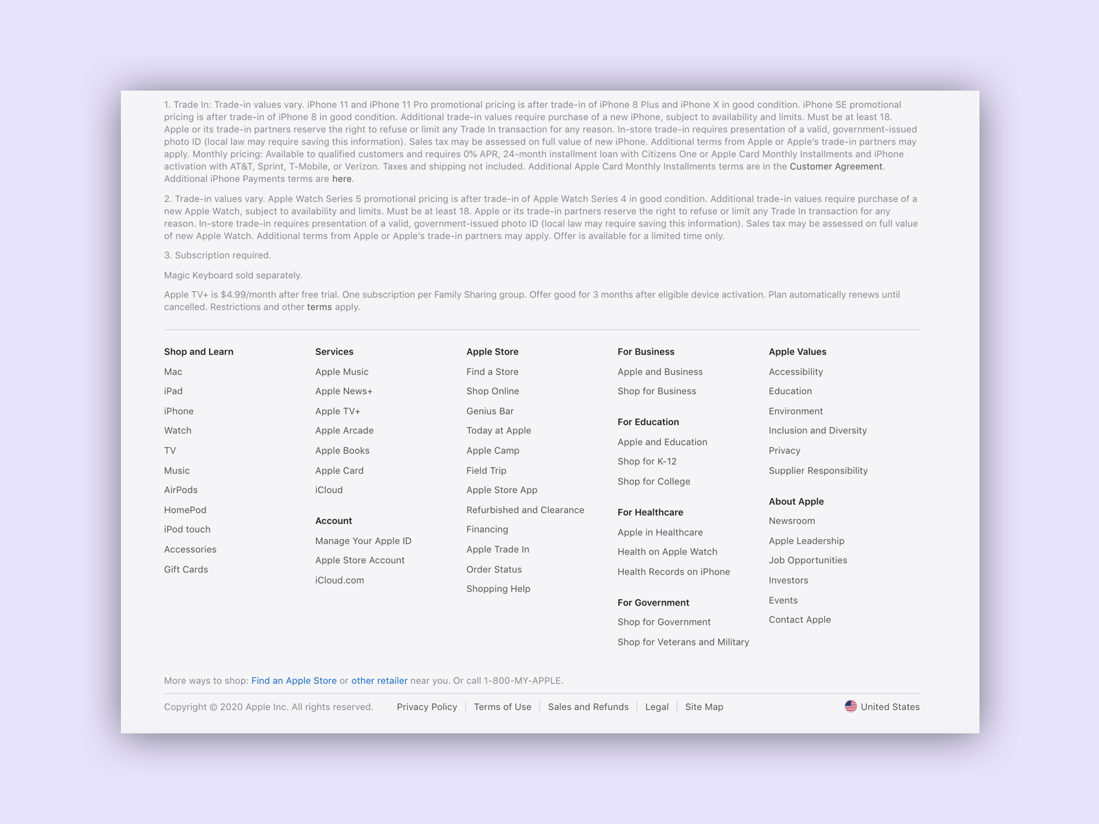 Apple lists the navigation again in the footer and also includes general settings and contact links there.